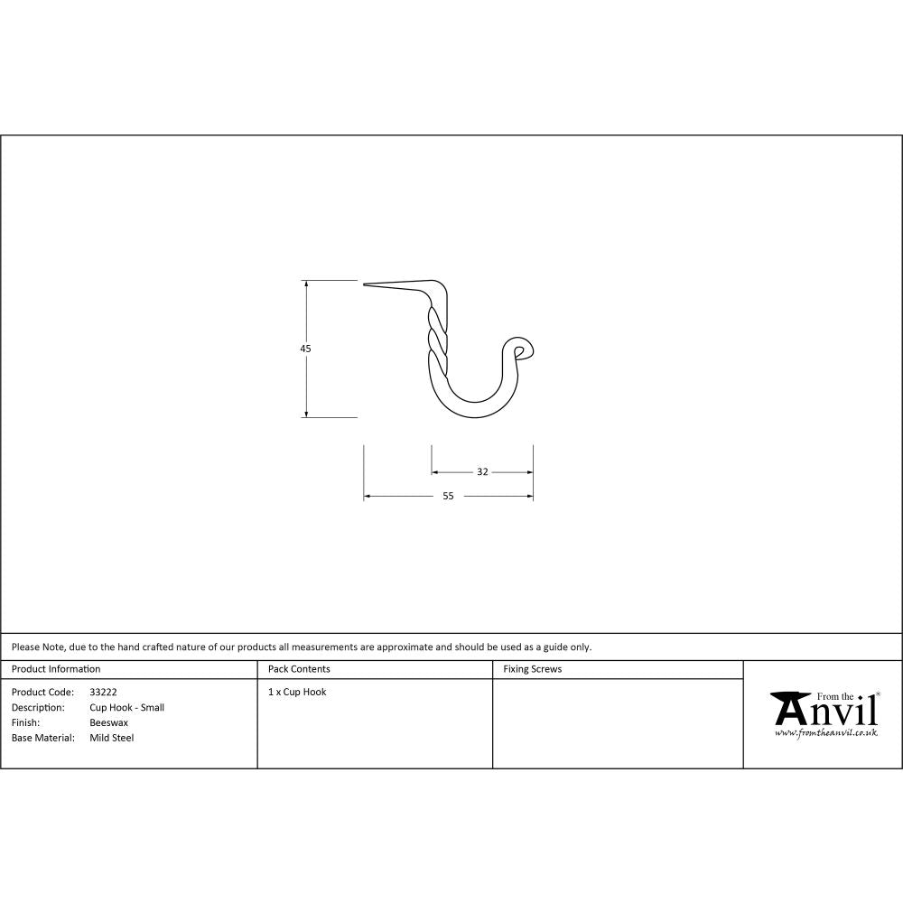 This is an image showing From The Anvil - Beeswax Cup Hook - Small available from trade door handles, quick delivery and discounted prices