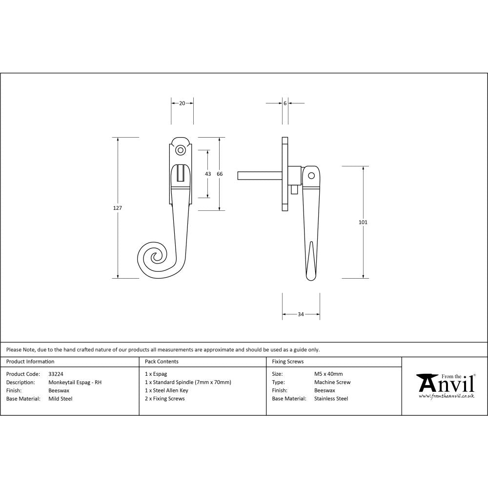 This is an image showing From The Anvil - Beeswax Monkeytail Espag - RH available from T.H Wiggans Architectural Ironmongery in Kendal, quick delivery and discounted prices