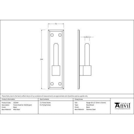 This is an image showing From The Anvil - Black Frame Hook for 33234 (pair) available from T.H Wiggans Architectural Ironmongery, quick delivery and discounted prices