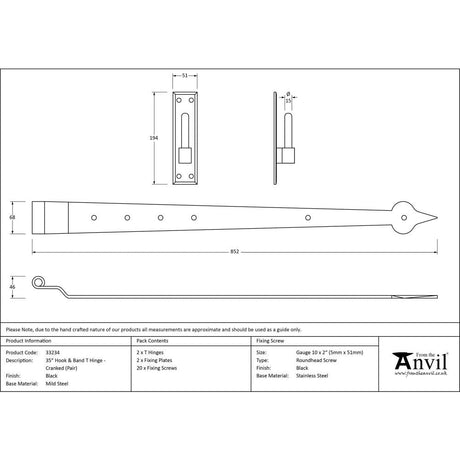 This is an image showing From The Anvil - Black 35" Hook & Band Hinge - Cranked (pair) available from T.H Wiggans Architectural Ironmongery, quick delivery and discounted prices