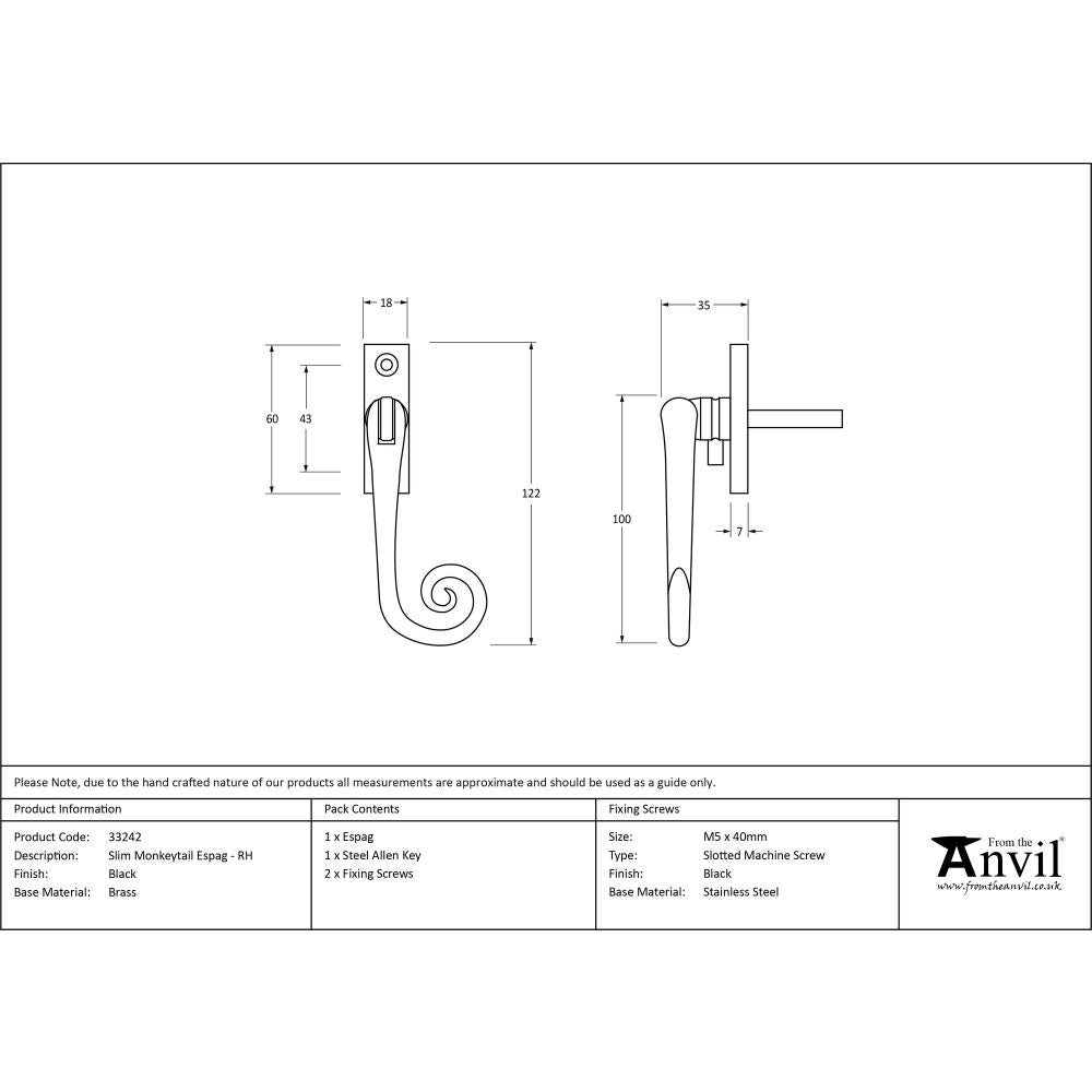 This is an image showing From The Anvil - Black Slim Monkeytail Espag - RH available from T.H Wiggans Architectural Ironmongery in Kendal, quick delivery and discounted prices