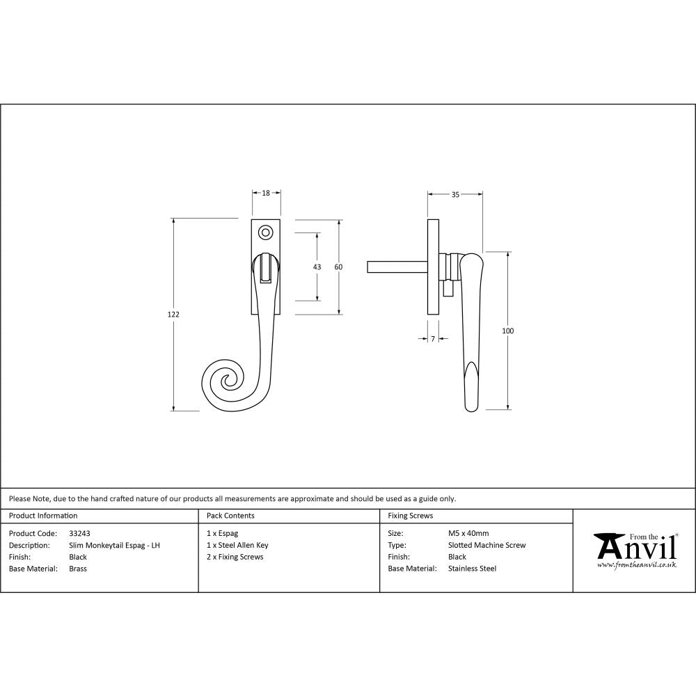 This is an image showing From The Anvil - Black Slim Monkeytail Espag - LH available from T.H Wiggans Architectural Ironmongery in Kendal, quick delivery and discounted prices