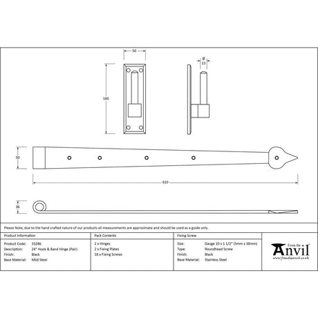 This is an image showing From The Anvil - Black 24" Hook & Band Hinge (pair) available from T.H Wiggans Architectural Ironmongery, quick delivery and discounted prices