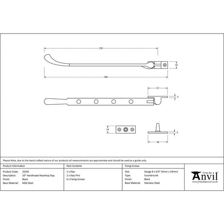 This is an image showing From The Anvil - Black 10" Handmade Peardrop Stay available from T.H Wiggans Architectural Ironmongery in Kendal, quick delivery and discounted prices