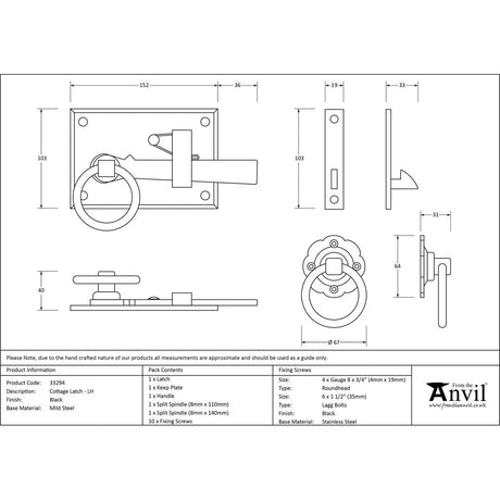 This is an image showing From The Anvil - Black Cottage Latch - LH available from trade door handles, quick delivery and discounted prices