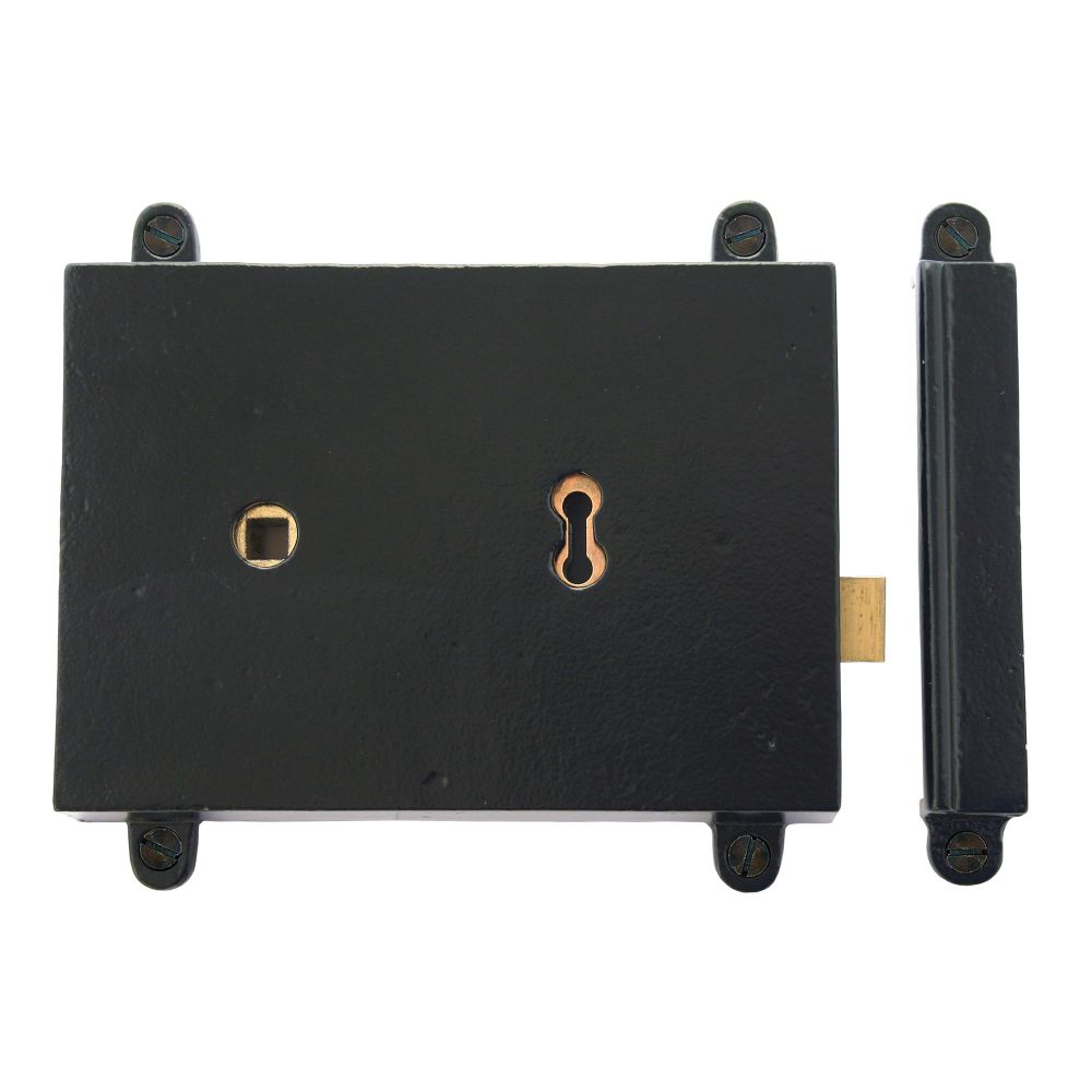 This is an image showing From The Anvil - Black Rim Lock & Cast Iron Cover available from T.H Wiggans Architectural Ironmongery in Kendal, quick delivery and discounted prices