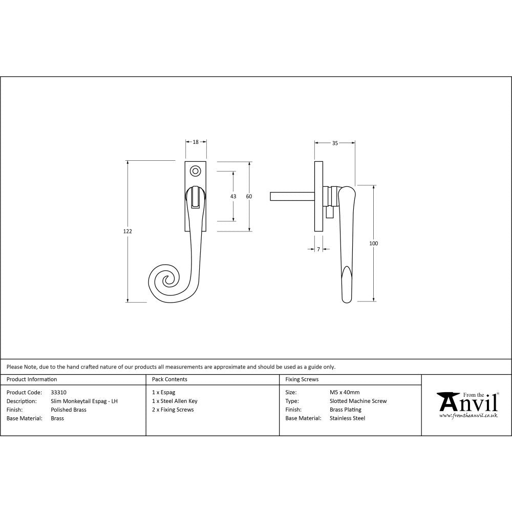 This is an image showing From The Anvil - Polished Brass Slim Monkeytail Espag - LH available from T.H Wiggans Architectural Ironmongery in Kendal, quick delivery and discounted prices