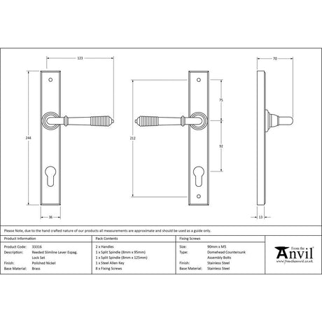 This is an image showing From The Anvil - Polished Nickel Reeded Slimline Lever Espag. Lock Set available from trade door handles, quick delivery and discounted prices