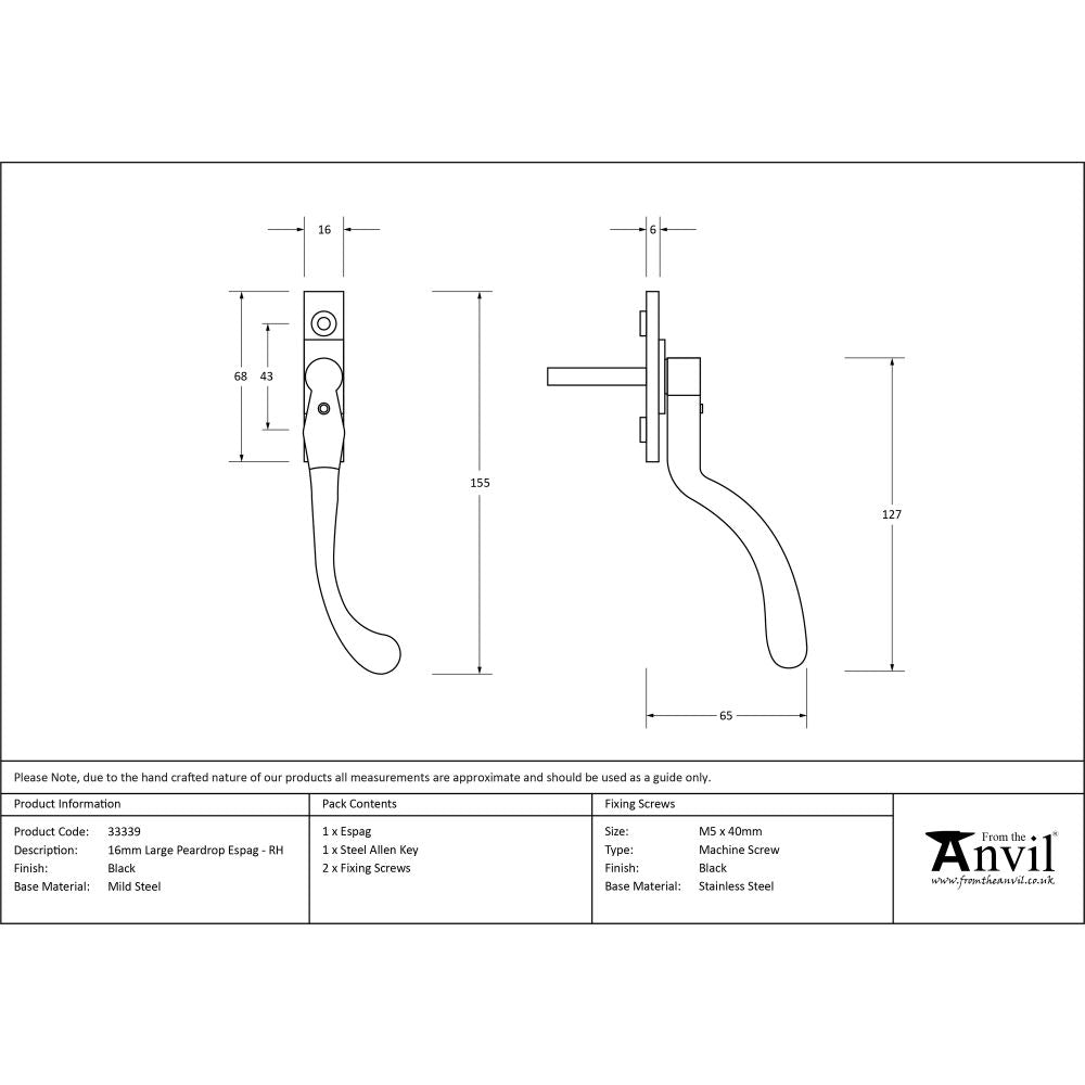 This is an image showing From The Anvil - Black Large 16mm Peardrop Espag - RH available from T.H Wiggans Architectural Ironmongery in Kendal, quick delivery and discounted prices