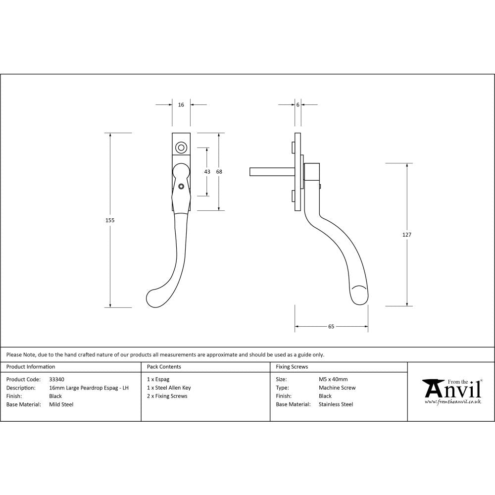 This is an image showing From The Anvil - Black Large 16mm Peardrop Espag - LH available from T.H Wiggans Architectural Ironmongery in Kendal, quick delivery and discounted prices