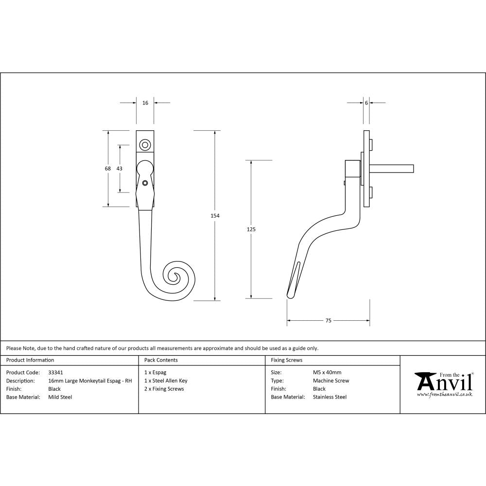 This is an image showing From The Anvil - Black Large 16mm Monkeytail Espag - RH available from T.H Wiggans Architectural Ironmongery in Kendal, quick delivery and discounted prices
