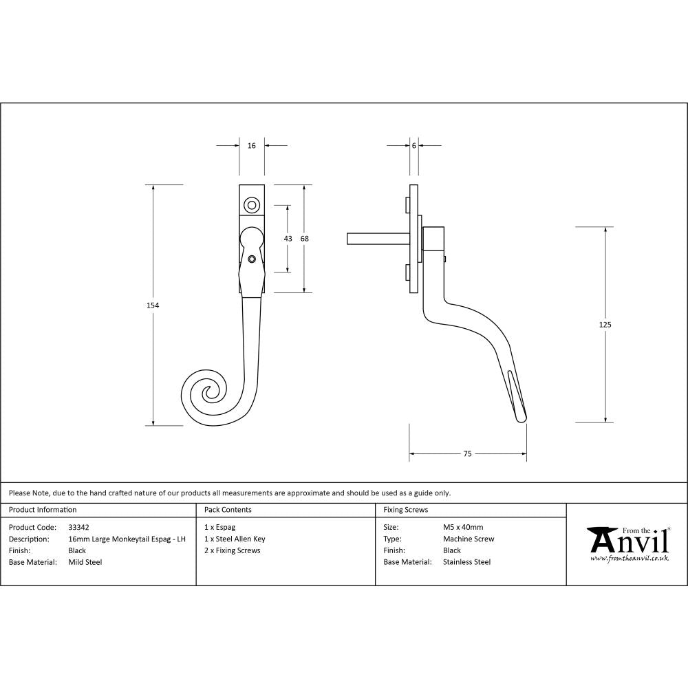 This is an image showing From The Anvil - Black Large 16mm Monkeytail Espag - LH available from T.H Wiggans Architectural Ironmongery in Kendal, quick delivery and discounted prices