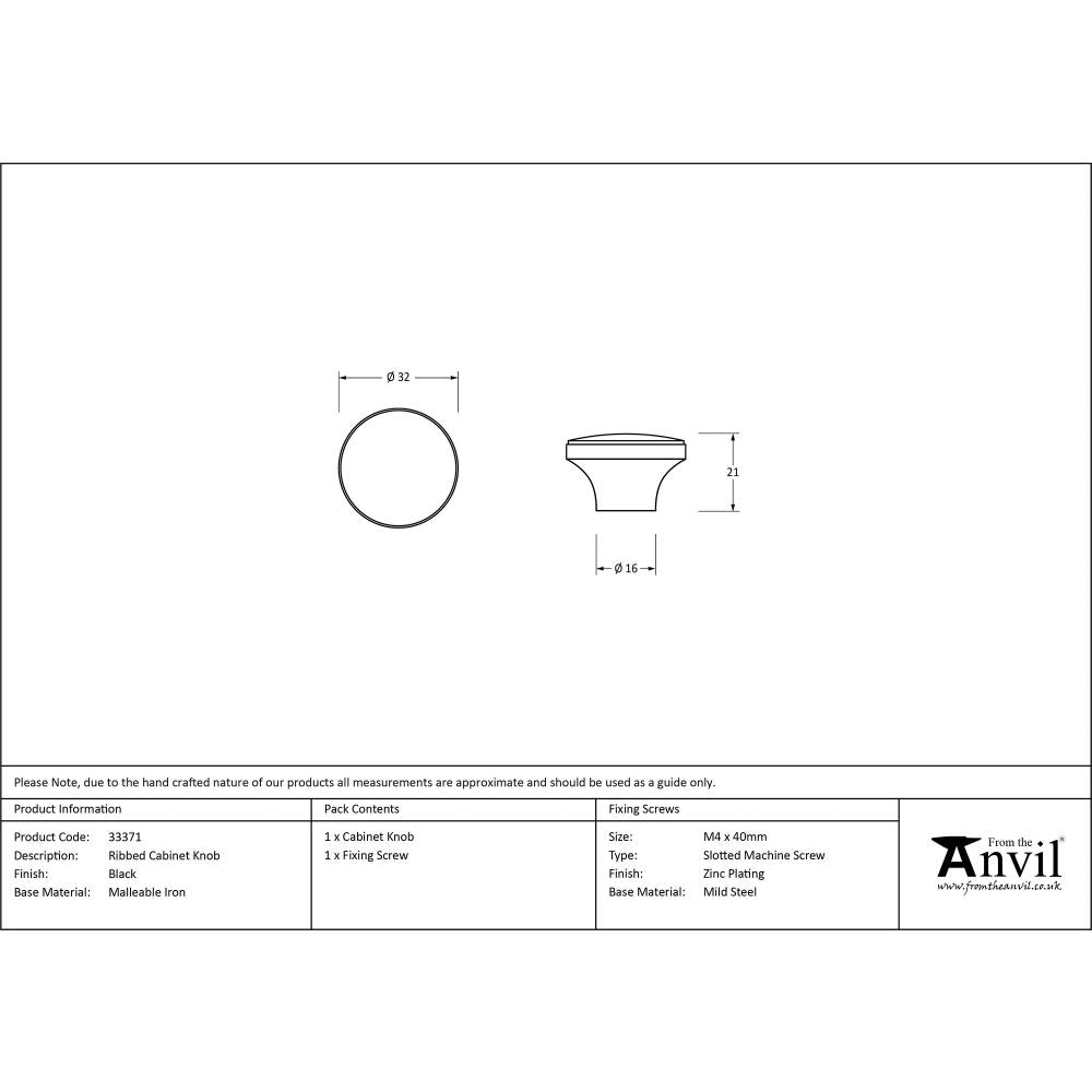 This is an image showing From The Anvil - Black Ribbed Cabinet Knob available from trade door handles, quick delivery and discounted prices