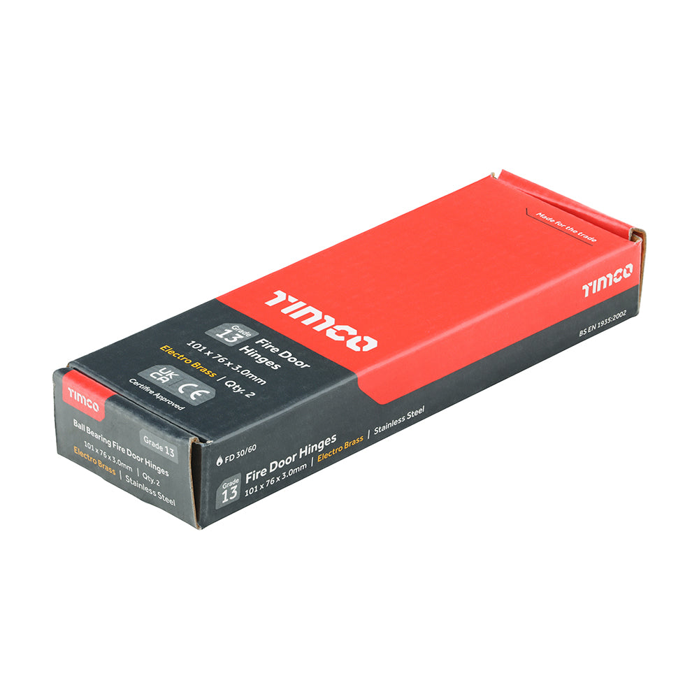 This is an image showing TIMCO Grade 13 Fire Door Hinges - Electro Brass Stainless Steel - 101 x 76 x 3 - 2 Pieces Box available from T.H Wiggans Ironmongery in Kendal, quick delivery at discounted prices.