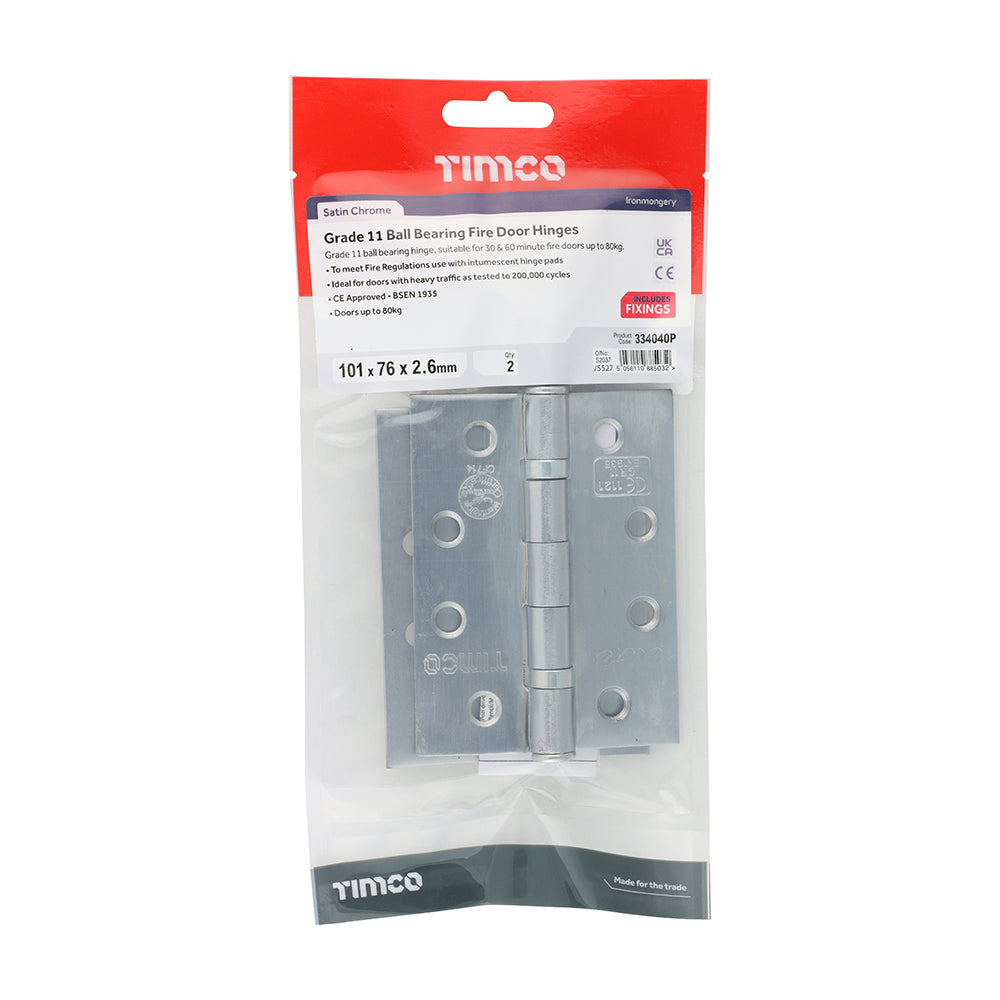 This is an image showing TIMCO Grade 11 Ball Bearing Fire Door Hinges - Satin Chrome - 101 x 76 x 2.6 - 2 Pieces TIMbag available from T.H Wiggans Ironmongery in Kendal, quick delivery at discounted prices.