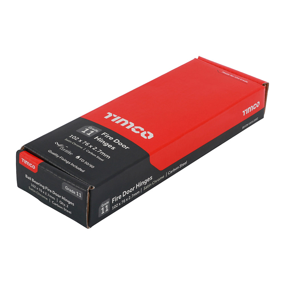 This is an image showing TIMCO Grade 11 Fire Door Hinges - Satin Chrome - 101 x 76 x 2.6 - 2 Pieces Box available from T.H Wiggans Ironmongery in Kendal, quick delivery at discounted prices.