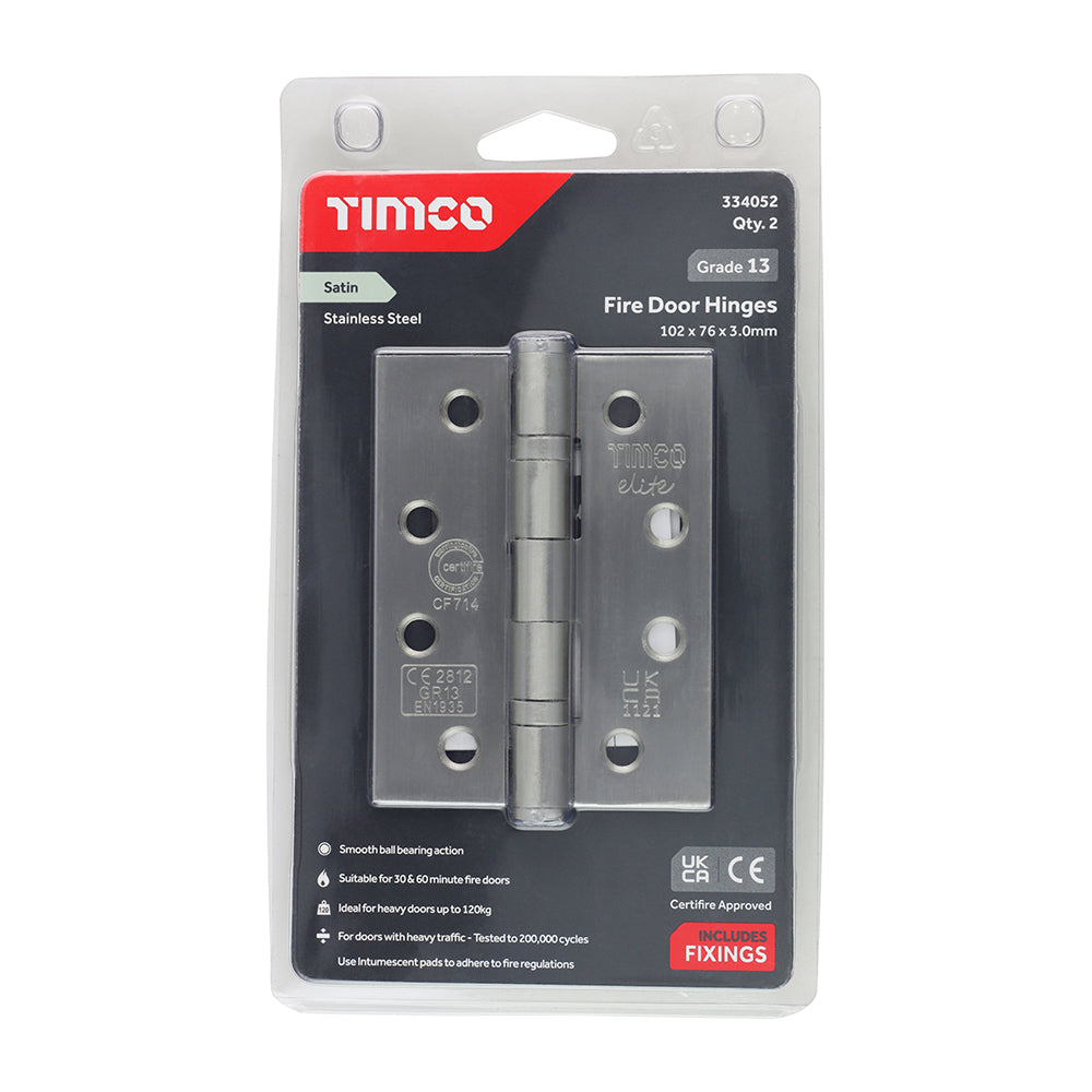 This is an image showing TIMCO Grade 13 Fire Door Hinges - Satin Stainless Steel - 101 x 76 x 3 - 2 Pieces Blister Pack available from T.H Wiggans Ironmongery in Kendal, quick delivery at discounted prices.
