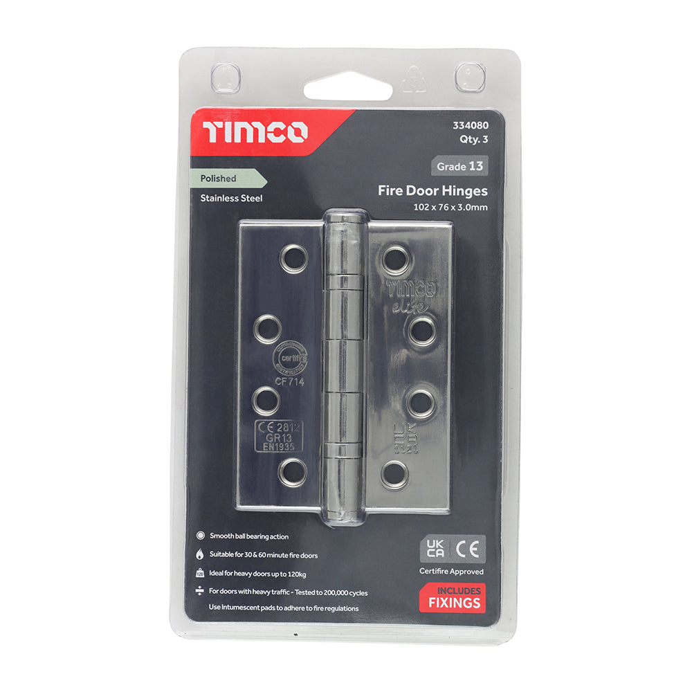 This is an image showing TIMCO Grade 13 Fire Door Hinges - Polished Stainless Steel - 101 x 76 x 3 - 3 Pieces Blister Pack available from T.H Wiggans Ironmongery in Kendal, quick delivery at discounted prices.