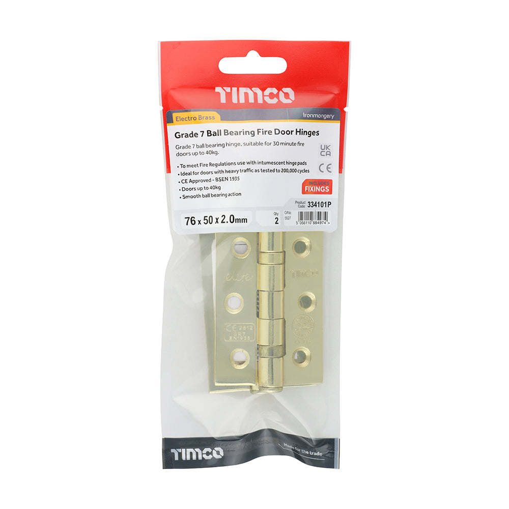 This is an image showing TIMCO Grade 7 Ball Bearing Fire Door Hinges - Electro Brass - 76 x 50 x 2.0 - 2 Pieces TIMpac available from T.H Wiggans Ironmongery in Kendal, quick delivery at discounted prices.