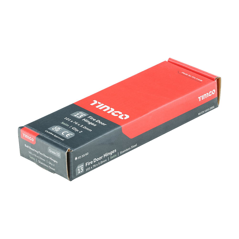 This is an image showing TIMCO Grade 13 Fire Door Hinges - Satin Stainless Steel - 101 x 76 x 3 - 2 Pieces Box available from T.H Wiggans Ironmongery in Kendal, quick delivery at discounted prices.