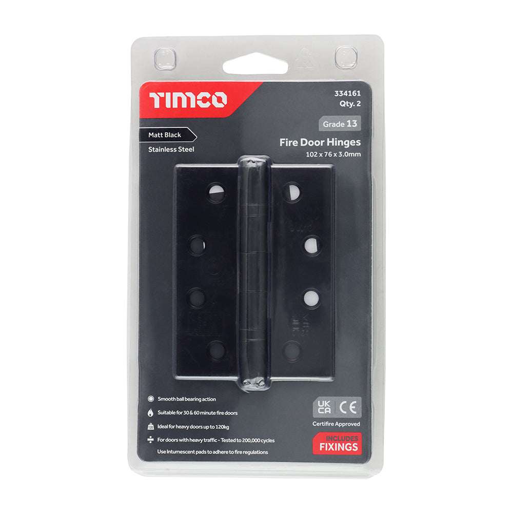 This is an image showing TIMCO Grade 13 Fire Door Hinges - Matt Black Stainless Steel - 101 x 76 x 3 - 2 Pieces Blister Pack available from T.H Wiggans Ironmongery in Kendal, quick delivery at discounted prices.
