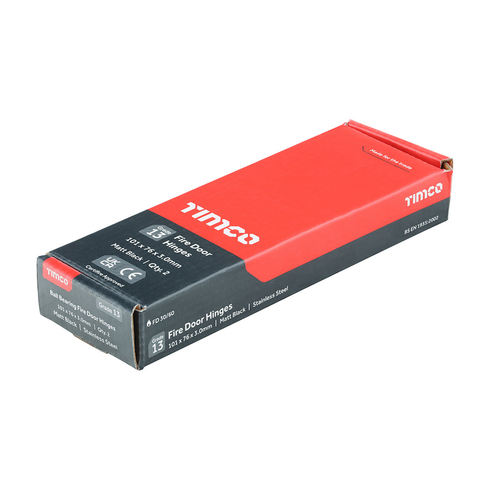 This is an image showing TIMCO Grade 13 Fire Door Hinges - Matt Black Stainless Steel - 101 x 76 x 3 - 2 Pieces Box available from T.H Wiggans Ironmongery in Kendal, quick delivery at discounted prices.