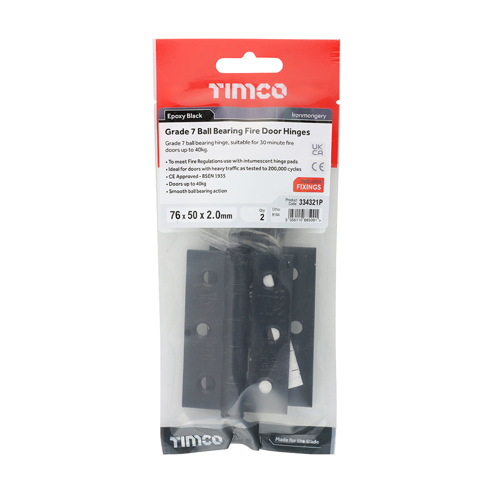 This is an image showing TIMCO Grade 7 Ball Bearing Fire Door Hinges - Epoxy Black - 76 x 50 x 2.0 - 2 Pieces TIMpac available from T.H Wiggans Ironmongery in Kendal, quick delivery at discounted prices.