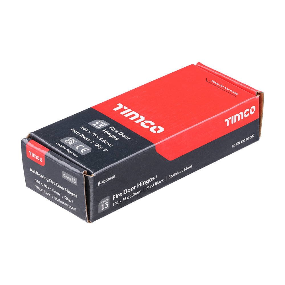 This is an image showing TIMCO Grade 13 Fire Door Hinges - Matt Black Stainless Steel - 101 x 76 x 3 - 3 Pieces Box available from T.H Wiggans Ironmongery in Kendal, quick delivery at discounted prices.