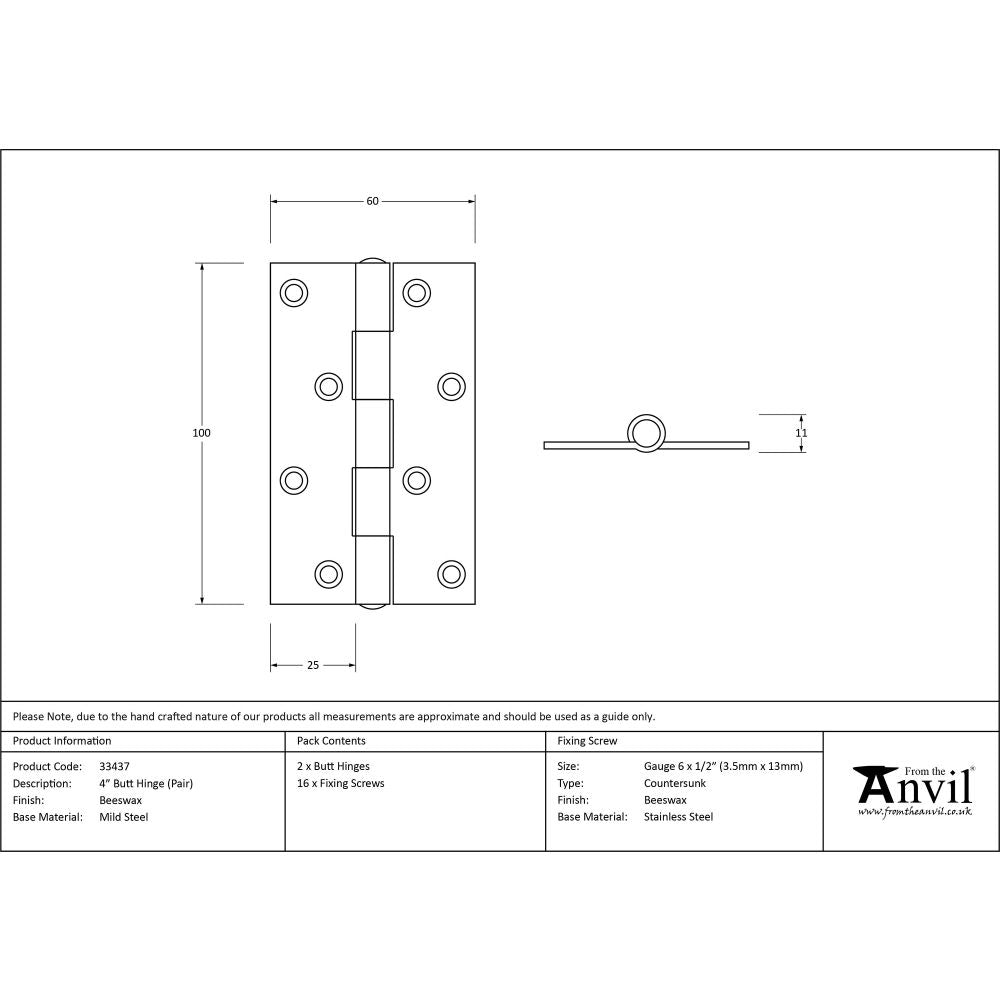 This is an image showing From The Anvil - Beeswax 4" Butt Hinge (pair) available from T.H Wiggans Architectural Ironmongery, quick delivery and discounted prices