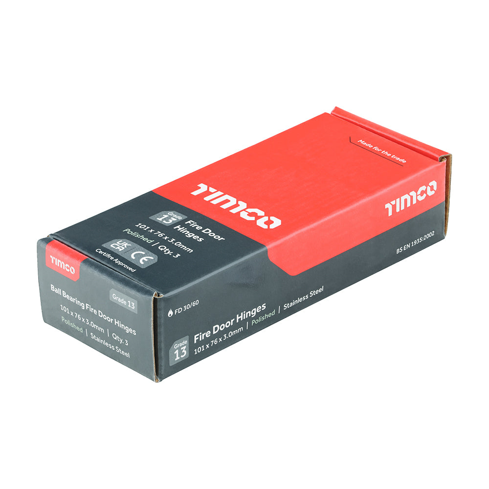 This is an image showing TIMCO Grade 13 Fire Door Hinges - Polished Stainless Steel - 101 x 76 x 3 - 3 Pieces Box available from T.H Wiggans Ironmongery in Kendal, quick delivery at discounted prices.
