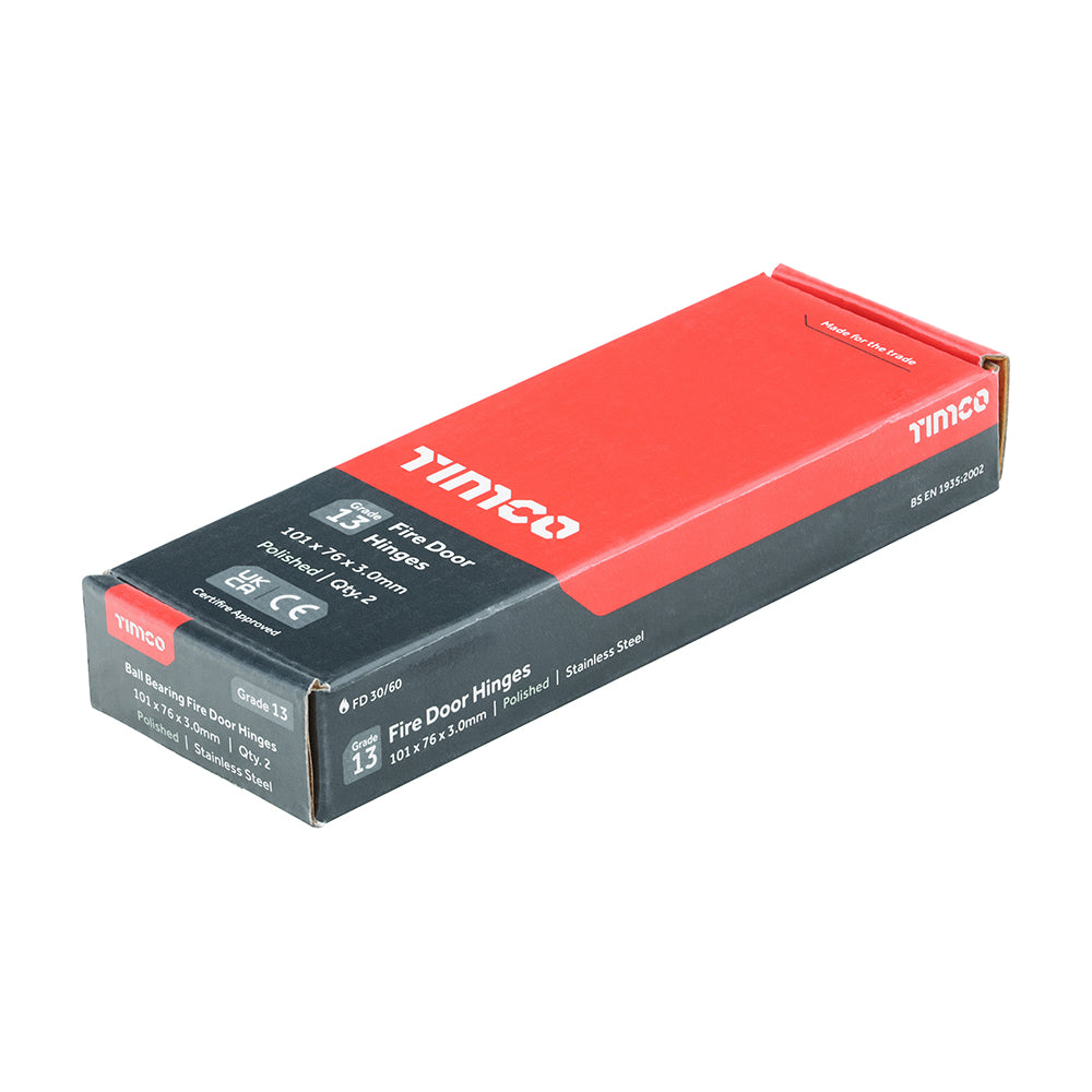 This is an image showing TIMCO Grade 13 Fire Door Hinges - Polished Stainless Steel - 101 x 76 x 3 - 2 Pieces Box available from T.H Wiggans Ironmongery in Kendal, quick delivery at discounted prices.