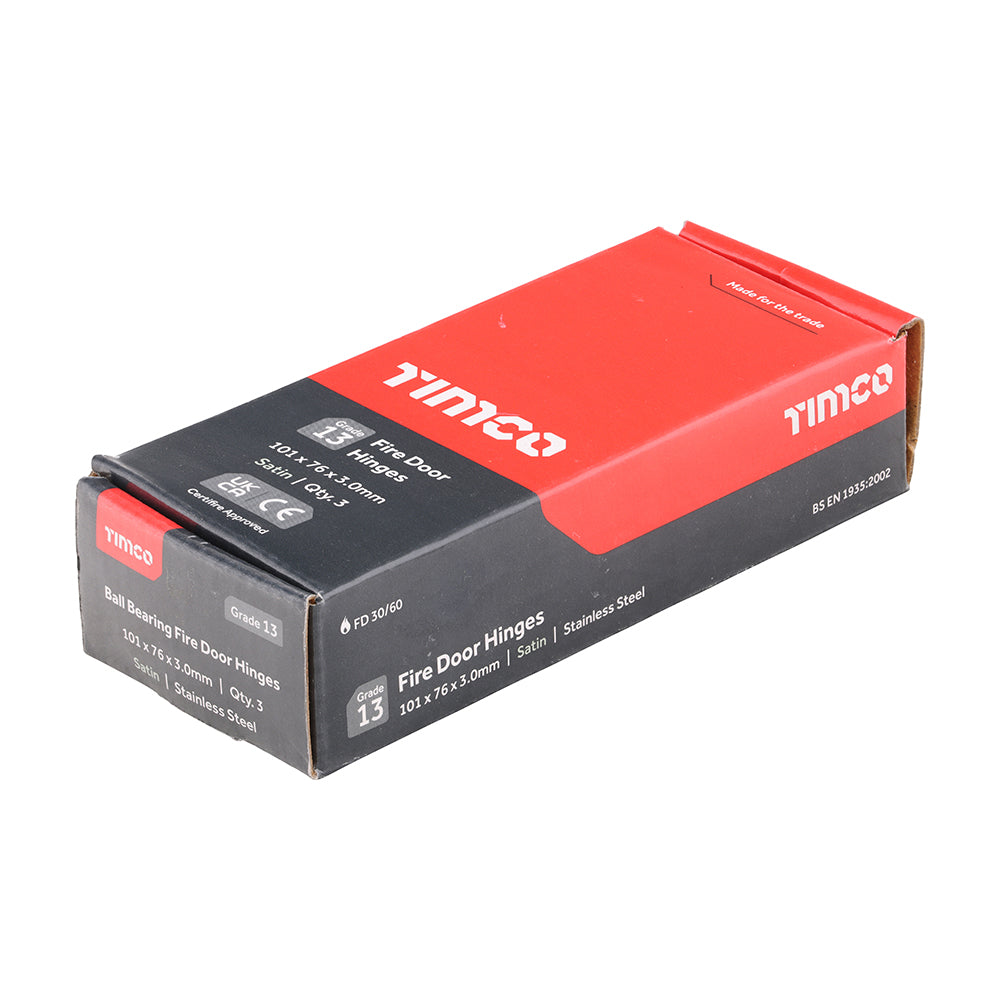 This is an image showing TIMCO Grade 13 Fire Door Hinges - Satin Stainless Steel - 101 x 76 x 3 - 3 Pieces Box available from T.H Wiggans Ironmongery in Kendal, quick delivery at discounted prices.