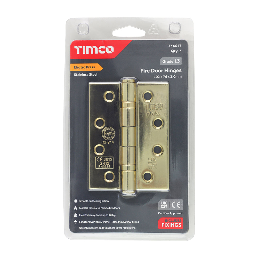 This is an image showing TIMCO Grade 13 Fire Door Hinges - Electro Brass Stainless Steel - 101 x 76 x 3 - 3 Pieces Blister Pack available from T.H Wiggans Ironmongery in Kendal, quick delivery at discounted prices.