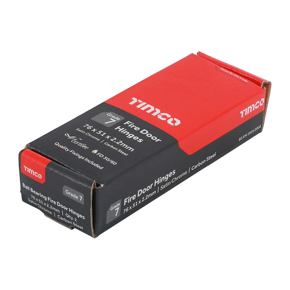 This is an image showing TIMCO Grade 7 Fire Door Hinges - Satin Chrome - 76 x 50 x 2.0 - 2 Pieces Box available from T.H Wiggans Ironmongery in Kendal, quick delivery at discounted prices.