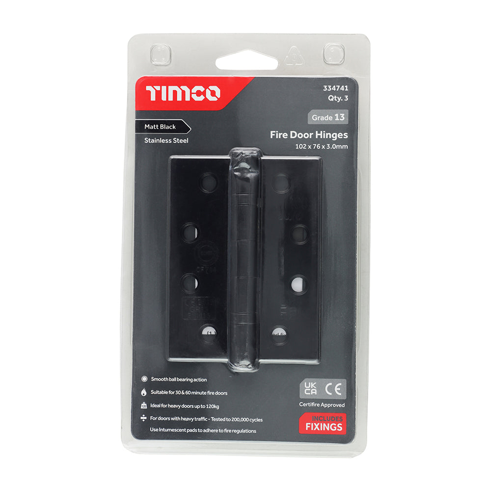 This is an image showing TIMCO Grade 13 Fire Door Hinges - Matt Black Stainless Steel - 101 x 76 x 3 - 3 Pieces Blister Pack available from T.H Wiggans Ironmongery in Kendal, quick delivery at discounted prices.