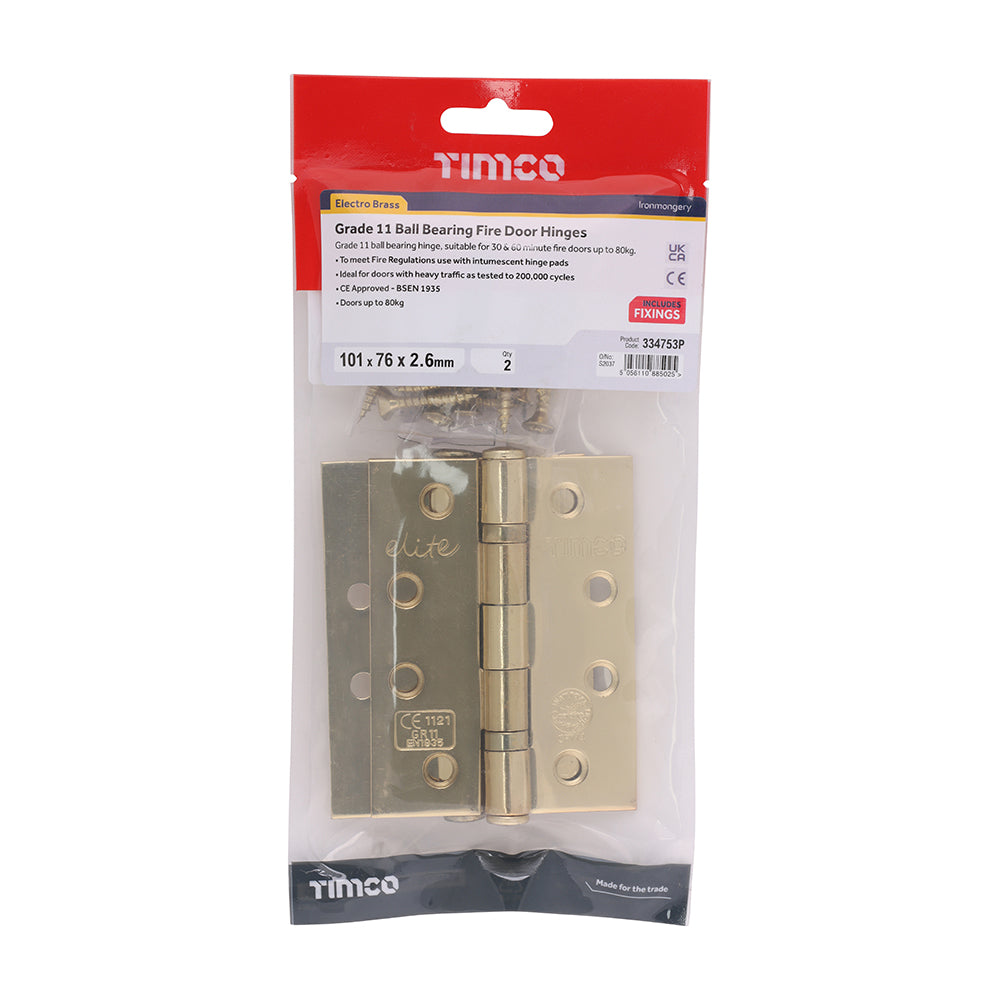 This is an image showing TIMCO Grade 11 Ball Bearing Fire Door Hinges - Electro Brass - 101 x 76 x 2.6 - 2 Pieces TIMbag available from T.H Wiggans Ironmongery in Kendal, quick delivery at discounted prices.