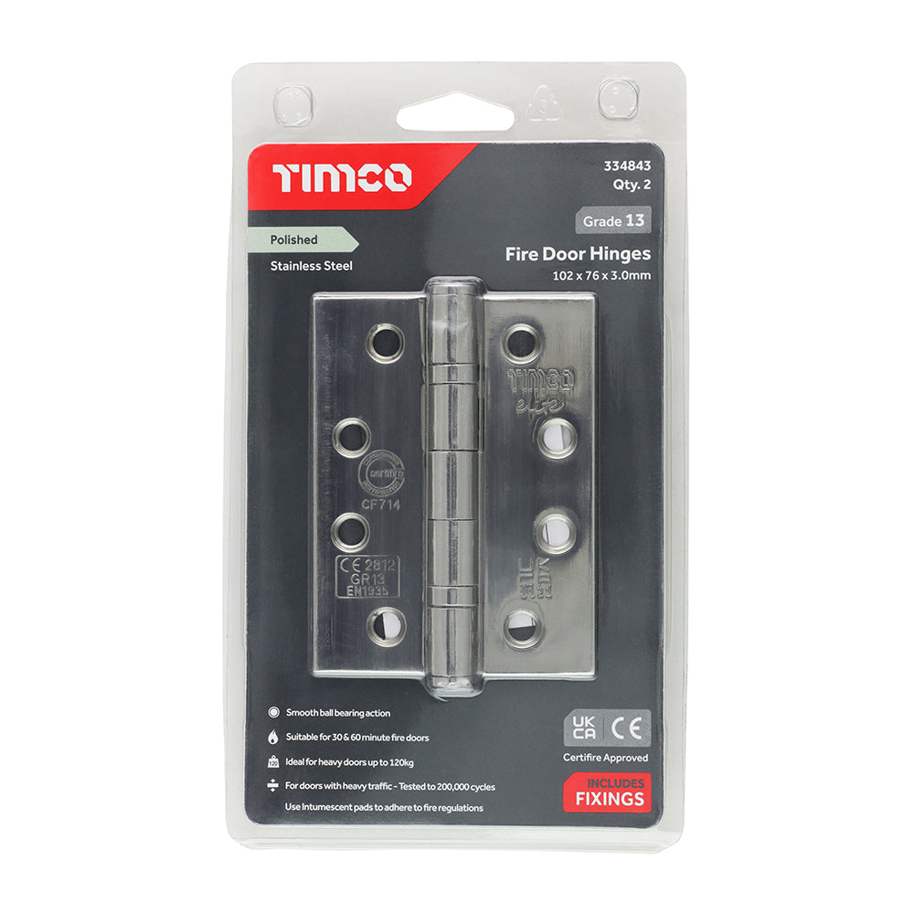 This is an image showing TIMCO Grade 13 Fire Door Hinges - Polished Stainless Steel - 101 x 76 x 3 - 2 Pieces Blister Pack available from T.H Wiggans Ironmongery in Kendal, quick delivery at discounted prices.