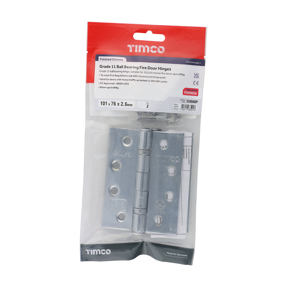 This is an image showing TIMCO Grade 11 Ball Bearing Fire Door Hinges - Polished Chrome - 101 x 76 x 2.6 - 2 Pieces TIMbag available from T.H Wiggans Ironmongery in Kendal, quick delivery at discounted prices.