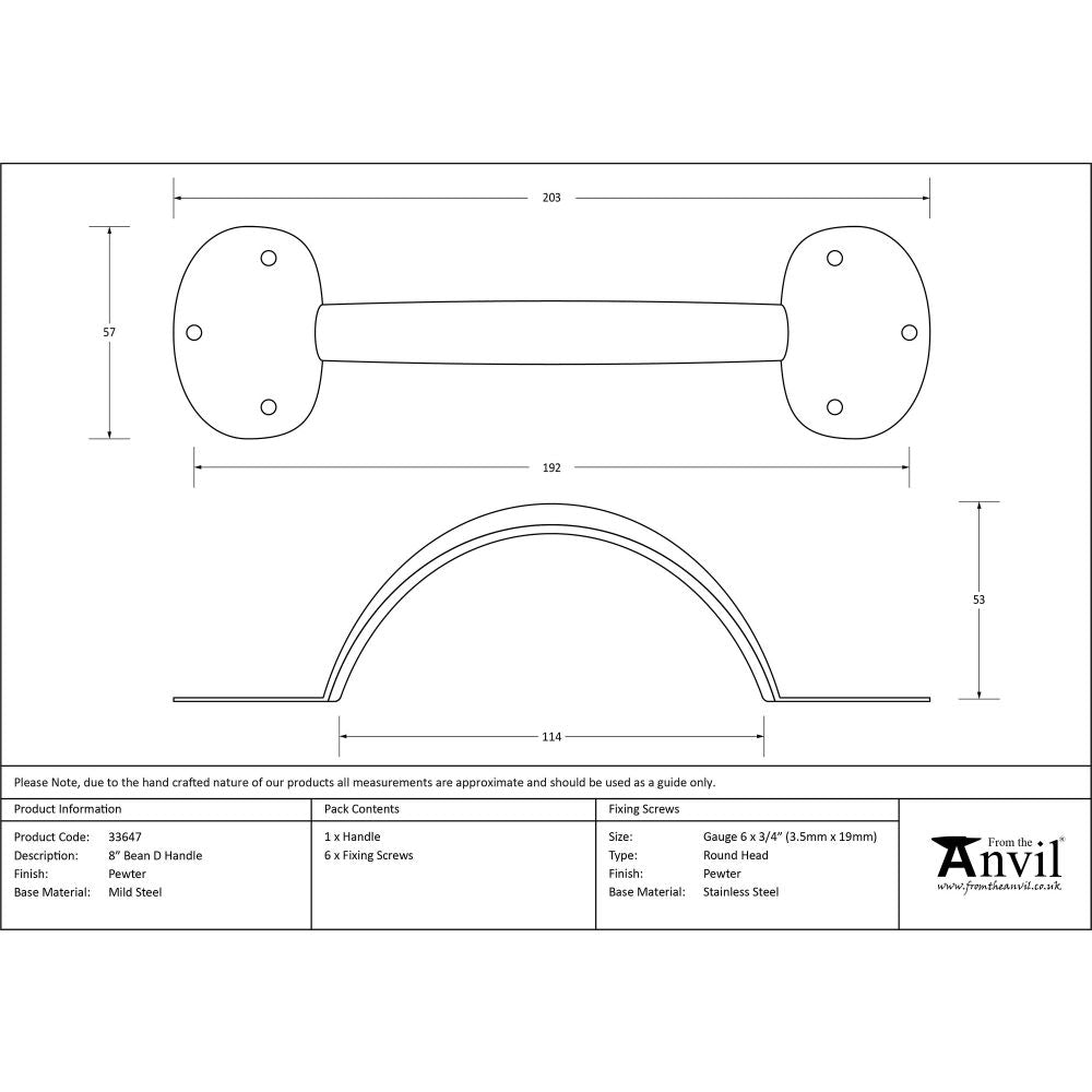 This is an image showing From The Anvil - Pewter 8" Bean D Handle available from trade door handles, quick delivery and discounted prices