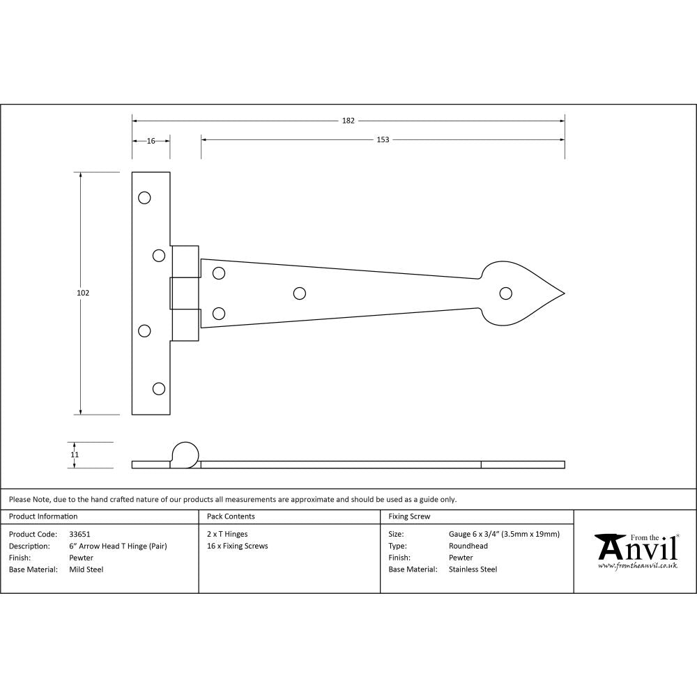 This is an image showing From The Anvil - Pewter 6" Arrow Head T Hinge (pair) available from T.H Wiggans Architectural Ironmongery, quick delivery and discounted prices
