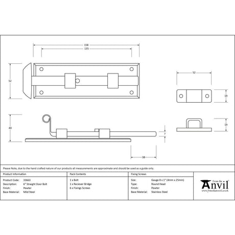 This is an image showing From The Anvil - Pewter 6" Straight Door Bolt available from trade door handles, quick delivery and discounted prices