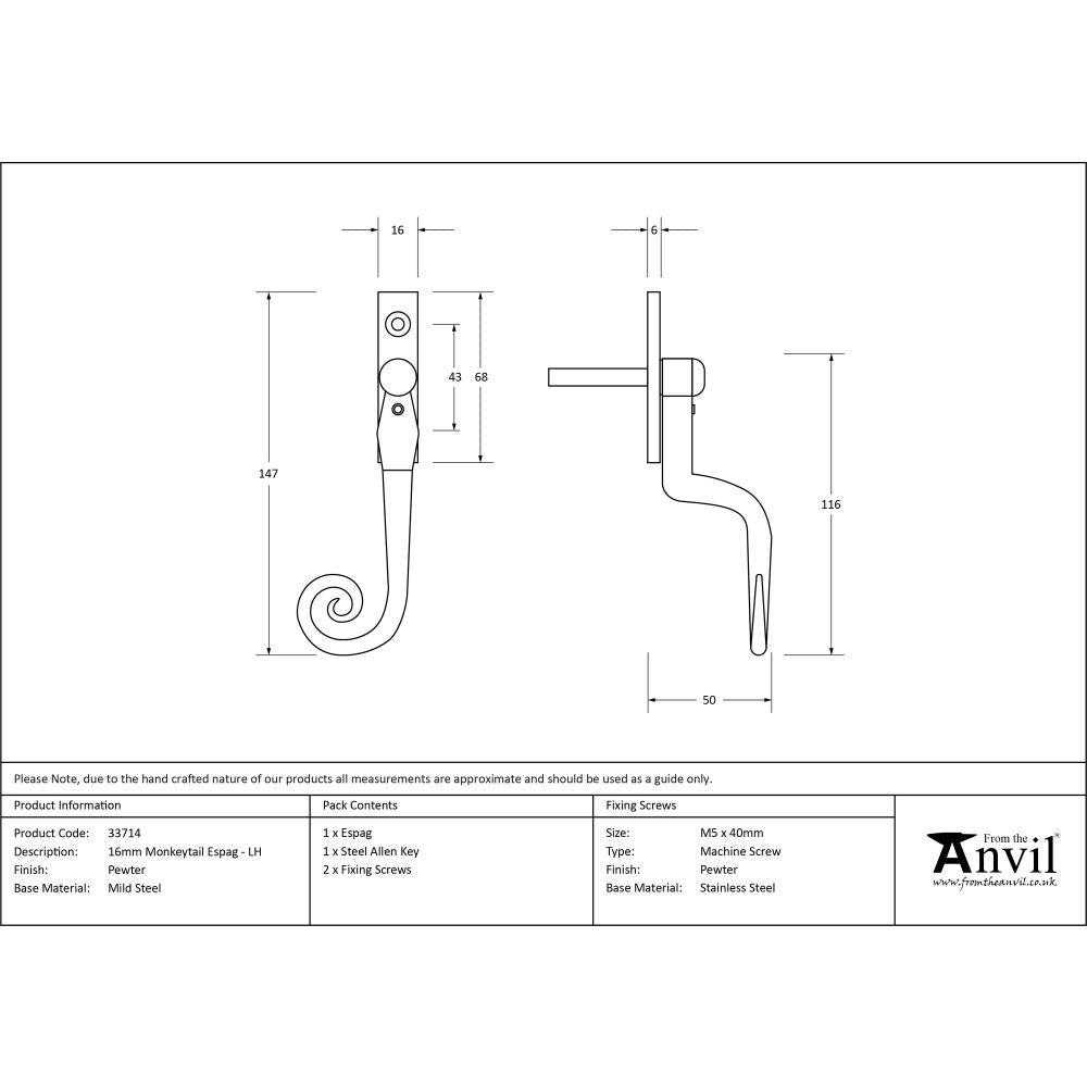 This is an image showing From The Anvil - Pewter 16mm Monkeytail Espag - LH available from T.H Wiggans Architectural Ironmongery in Kendal, quick delivery and discounted prices