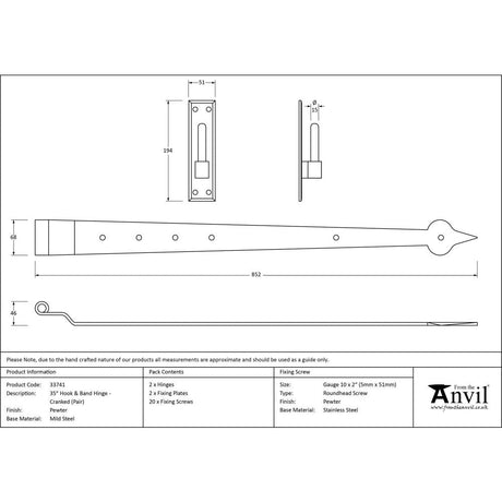 This is an image showing From The Anvil - Pewter 35" Hook & Band Hinge - Cranked (pair) available from T.H Wiggans Architectural Ironmongery, quick delivery and discounted prices