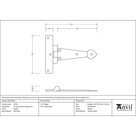 This is an image showing From The Anvil - Pewter 4" Arrow Head T Hinge (pair) available from T.H Wiggans Architectural Ironmongery, quick delivery and discounted prices