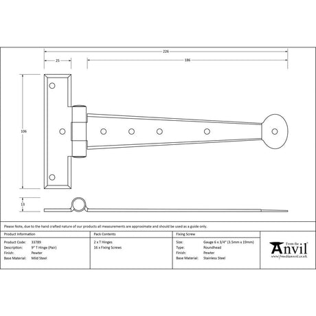 This is an image showing From The Anvil - Pewter 9" Penny End T Hinge (pair) available from T.H Wiggans Architectural Ironmongery, quick delivery and discounted prices