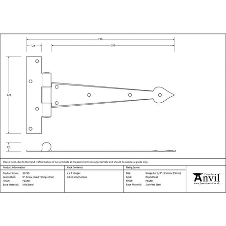 This is an image showing From The Anvil - Pewter 9" Arrow Head T Hinge (pair) available from T.H Wiggans Architectural Ironmongery, quick delivery and discounted prices