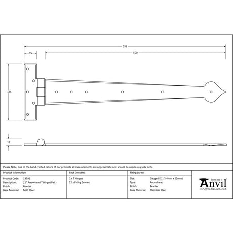 This is an image showing From The Anvil - Pewter 22" Arrow Head T Hinge (pair) available from T.H Wiggans Architectural Ironmongery, quick delivery and discounted prices