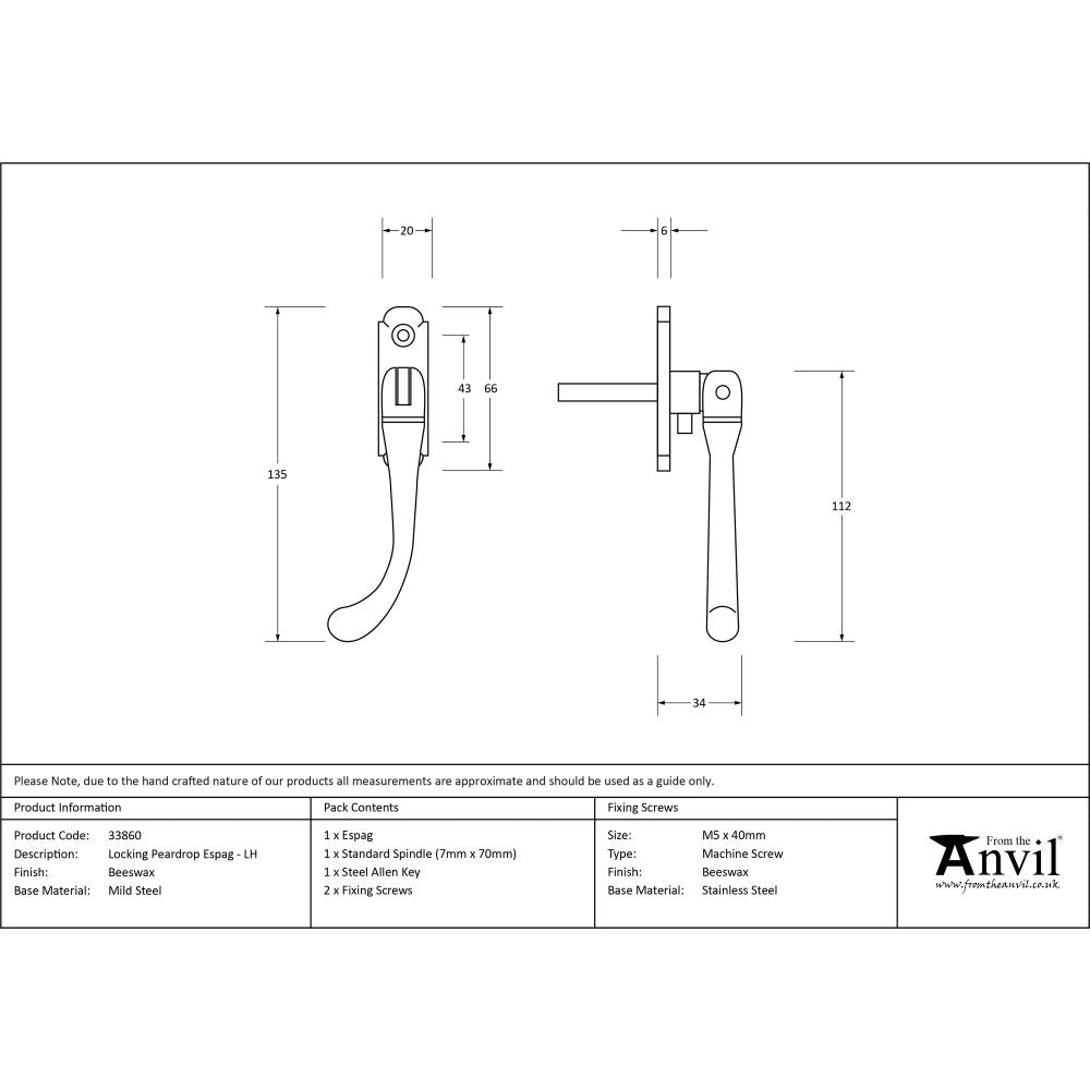 This is an image showing From The Anvil - Beeswax Locking Peardrop Espag - LH available from T.H Wiggans Architectural Ironmongery in Kendal, quick delivery and discounted prices
