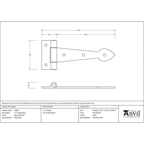 This is an image showing From The Anvil - Black Textured 6" Cast T Hinge (pair) available from T.H Wiggans Architectural Ironmongery, quick delivery and discounted prices