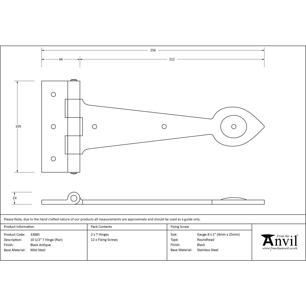 This is an image showing From The Anvil - Black Textured 10 1/2" Cast T Hinge (pair) available from T.H Wiggans Architectural Ironmongery, quick delivery and discounted prices